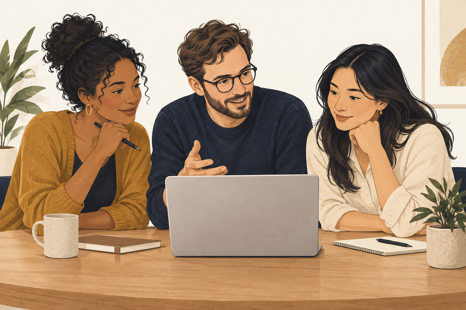 Editorial illustration of three colleagues listening and working through a problem together at a laptop.